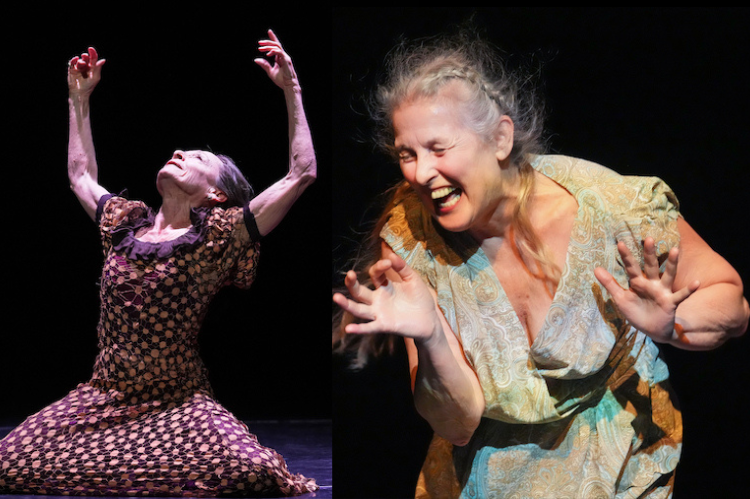 a collage of two pics Christine Dakin on her knees, arms spread, looking upward. She wears a print dress. Margie Gillis in a sheer paisley print dress is caught mid laugh in a torso shot that reveals her revelry. 